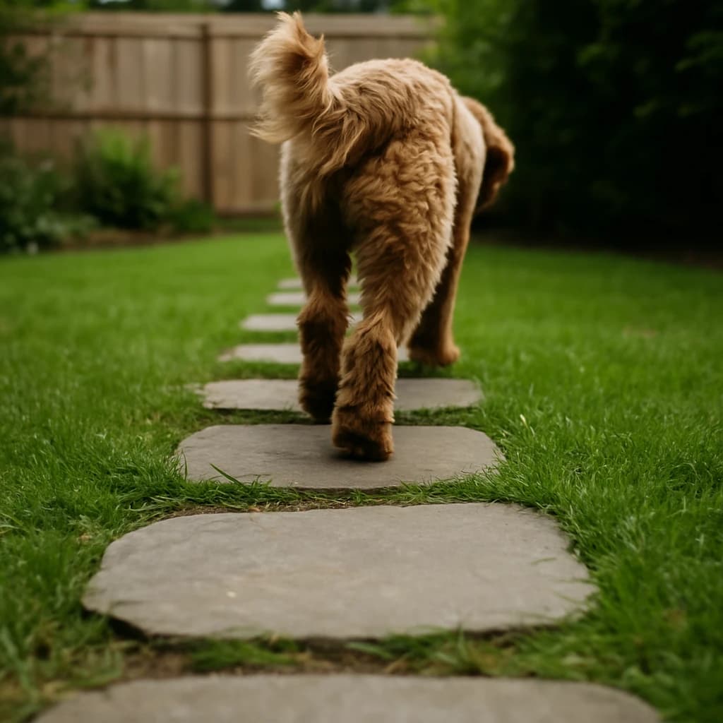 A shaggy tan dog trotting away down a stepping-stone backyard path