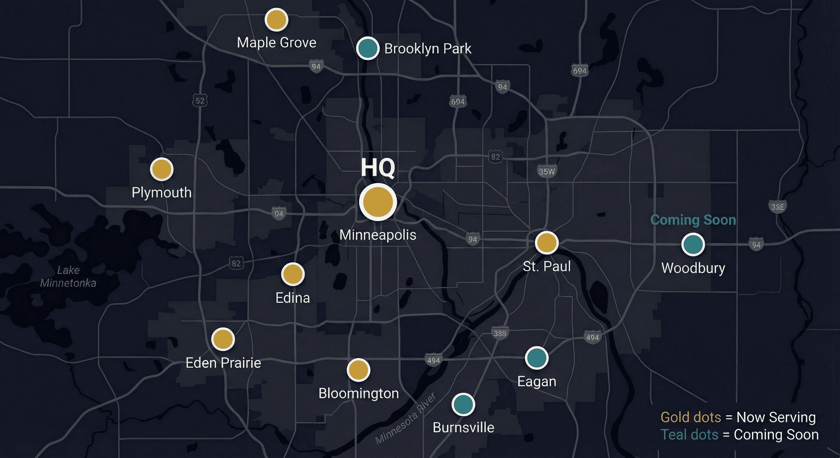 InsightScoop service locations map showing Minneapolis HQ and expansion cities