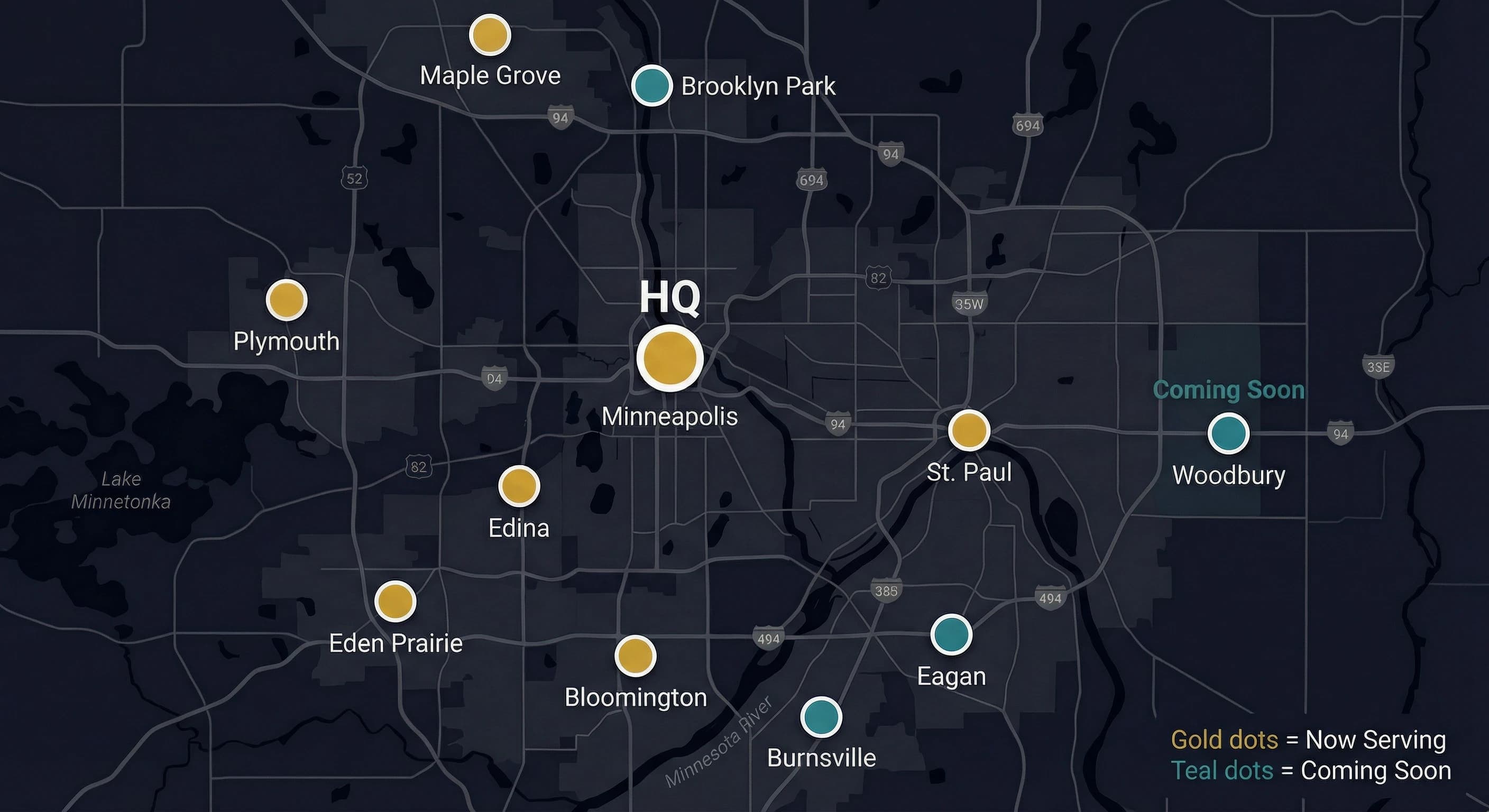 InsightScoop service locations map showing Minneapolis HQ and expansion cities