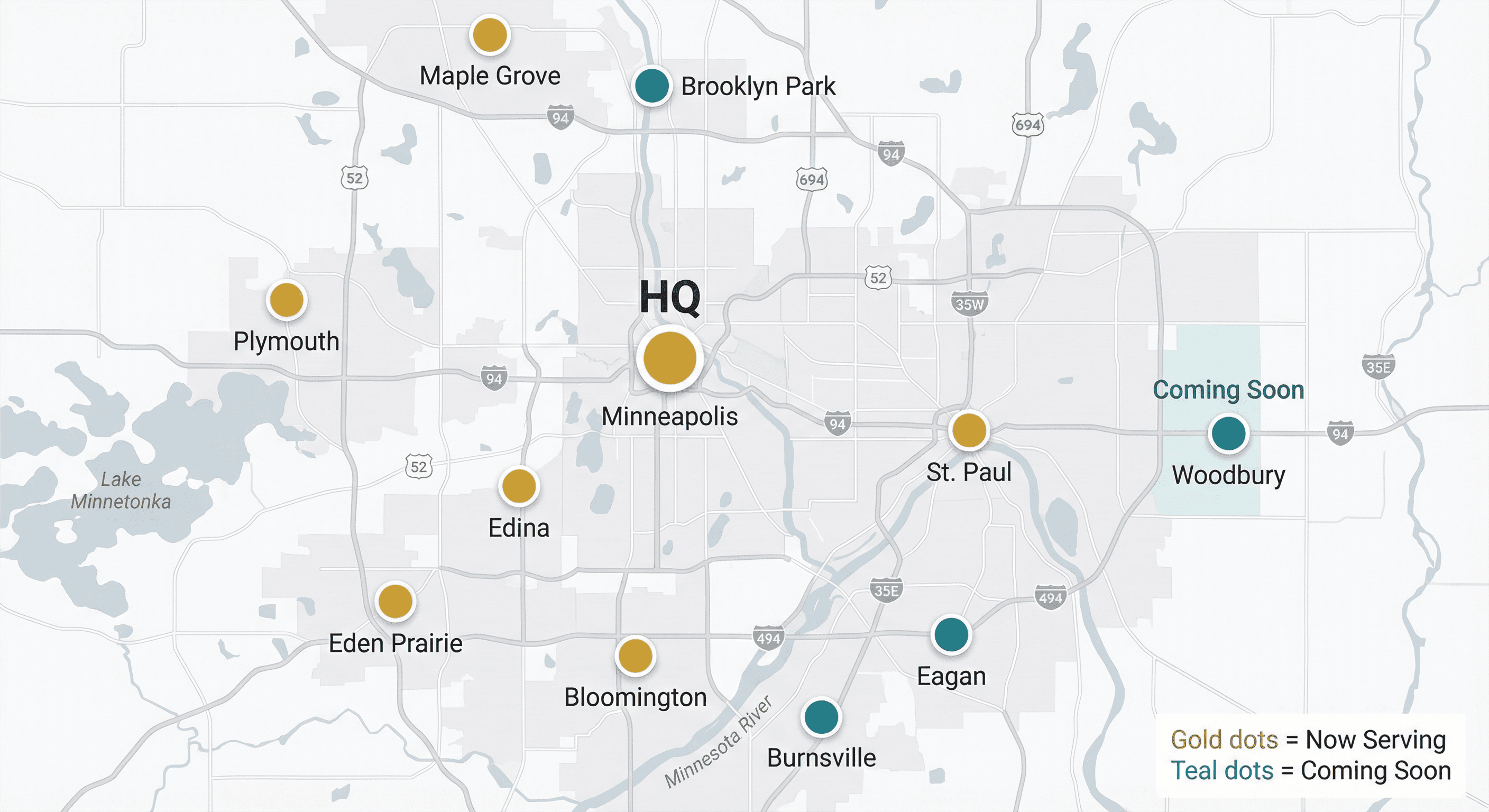 InsightScoop service locations map showing Minneapolis HQ and expansion cities