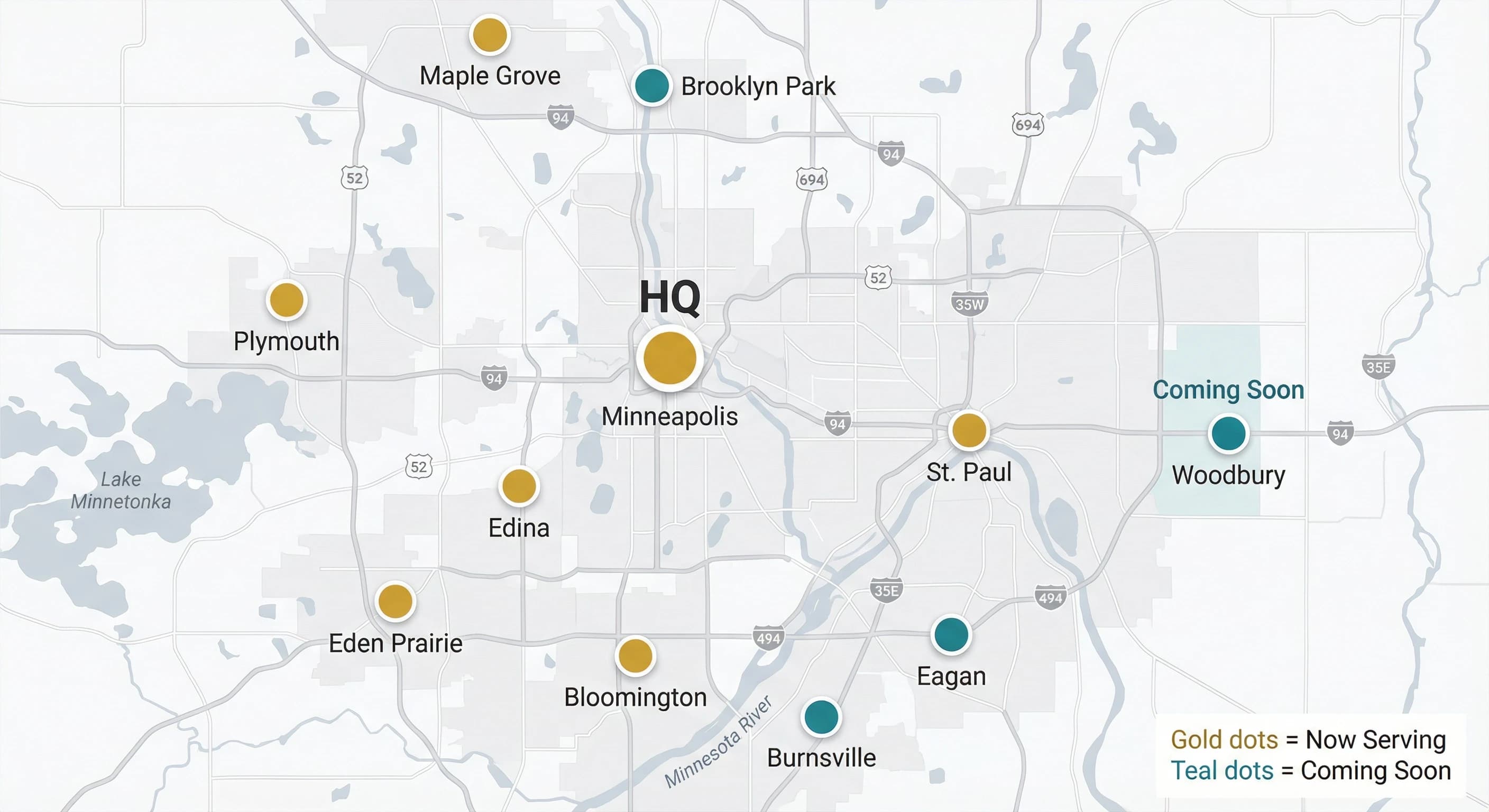 InsightScoop service locations map showing Minneapolis HQ and expansion cities