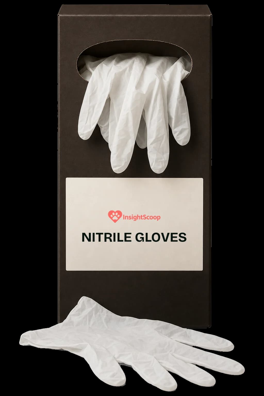 Black InsightScoop dispenser box of white disposable nitrile gloves, with gloves pulled through the opening and one loose glove in front