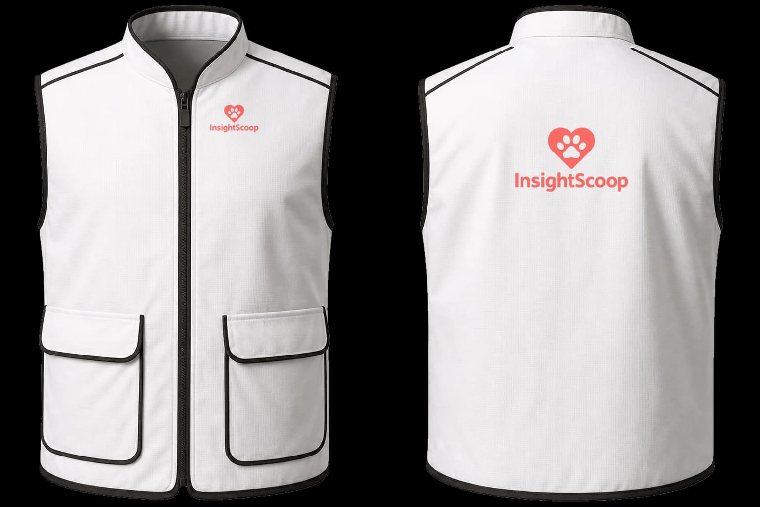 White InsightScoop work vest shown front and back, with the logo at the left chest and centre back
