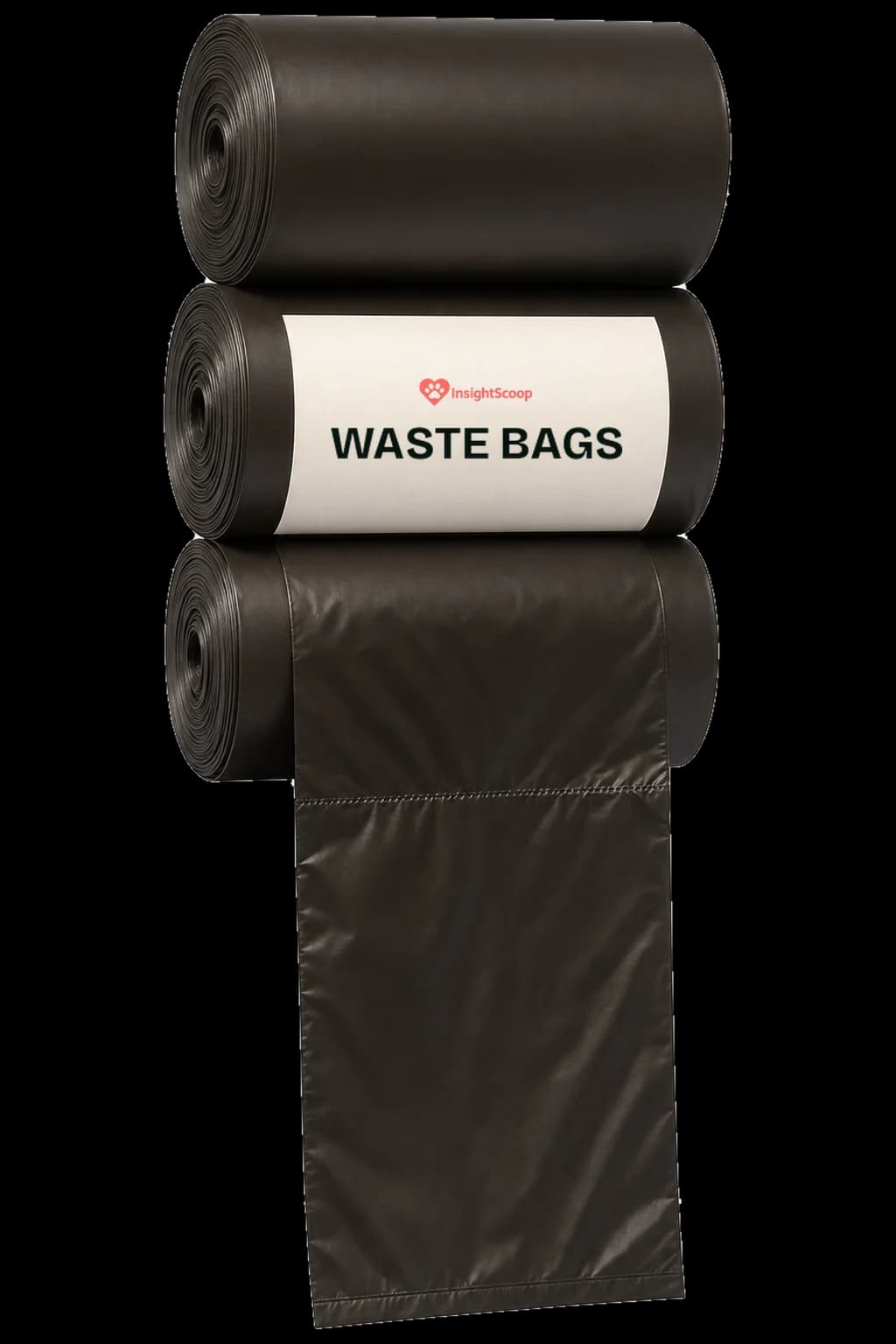 Roll of black InsightScoop biodegradable waste bags with the logo on the band