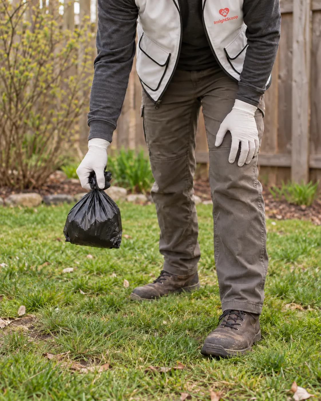 A scooper in a white InsightScoop vest and gloves, holding a tied waste bag over a lawn