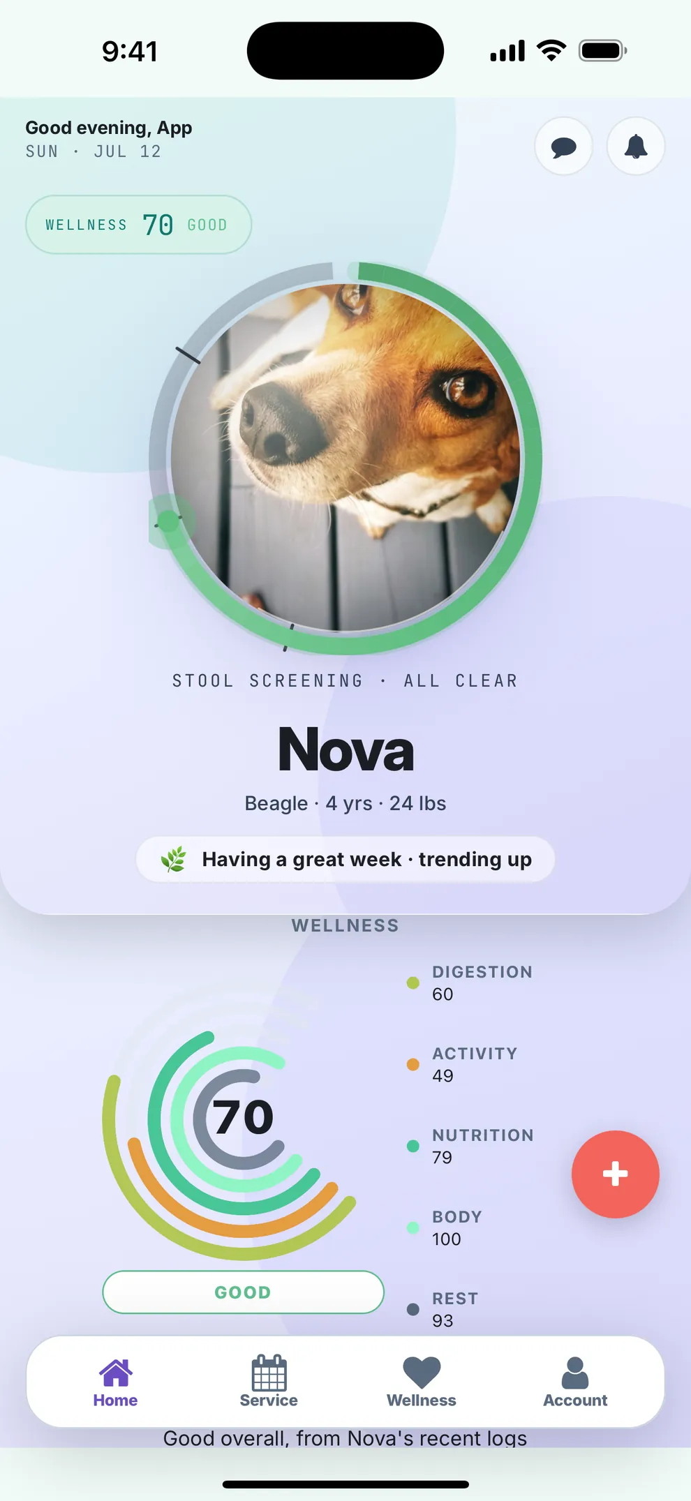 The app's home screen: one wellness score for the pet, broken out into digestion, activity, nutrition, body and rest.