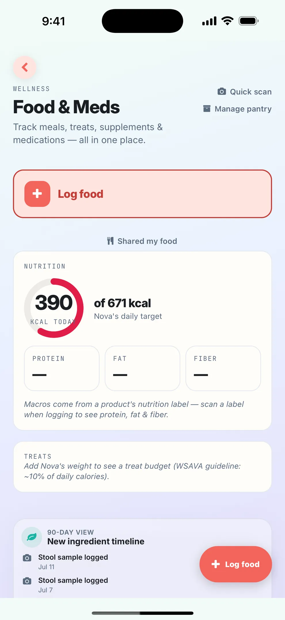 The app's Food & Meds screen: meals, treats, supplements and medications logged in one place, with the day's calories against the pet's target.