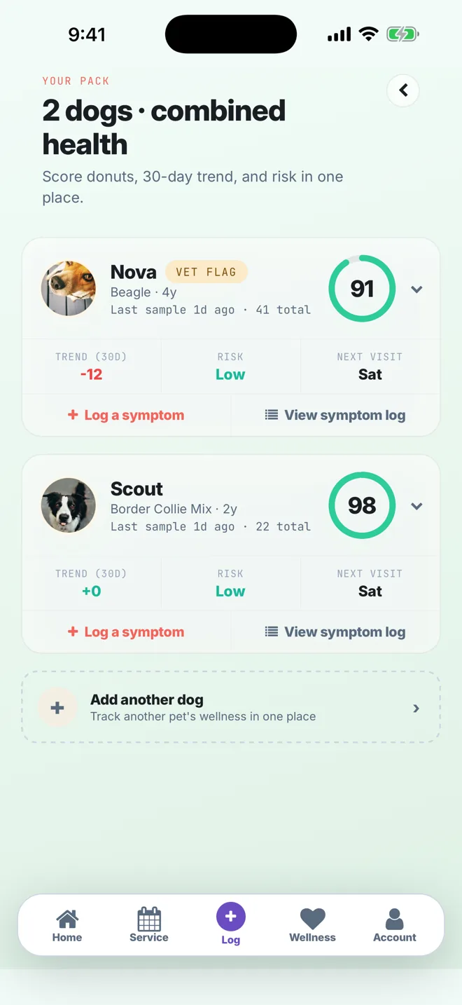 The app's pack view for two dogs: each dog's InsightScore, 30-day trend, risk level and next visit.