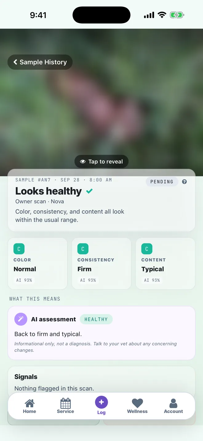 The app's scan result screen, with the sample photo hidden behind a tap to reveal blur and the three observations listed below it
