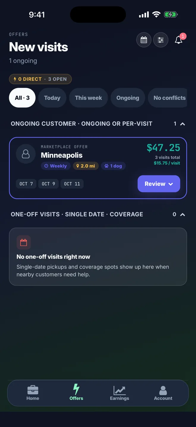 The Offers screen in the scooper app: a route offer showing the town, how often, the distance, the number of dogs, the visit dates and the pay, before you accept it.