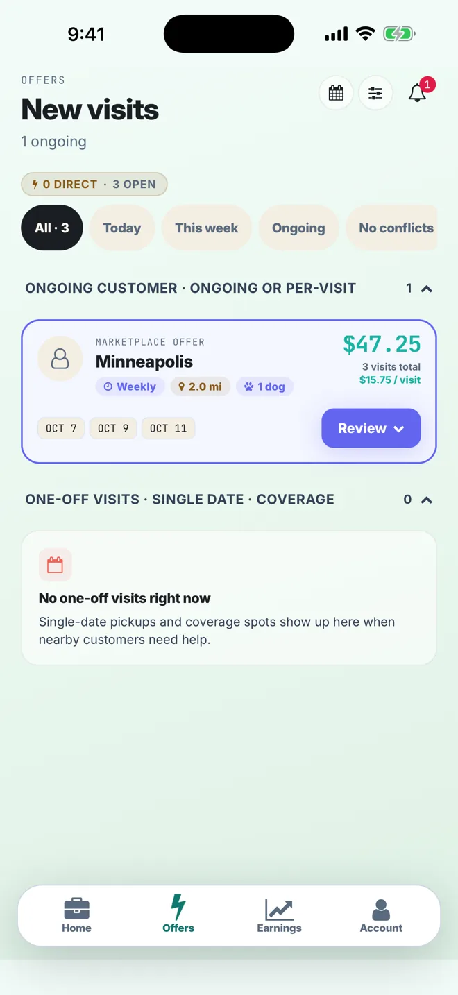 The Offers screen in the scooper app: a route offer showing the town, how often, the distance, the number of dogs, the visit dates and the pay, before you accept it.