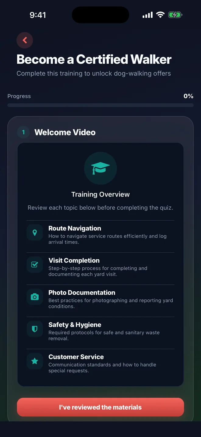The Become a Certified Walker screen in the scooper app: a progress bar and the training topics (route navigation, visit completion, photo documentation, safety and hygiene, customer service) to review before the quiz.