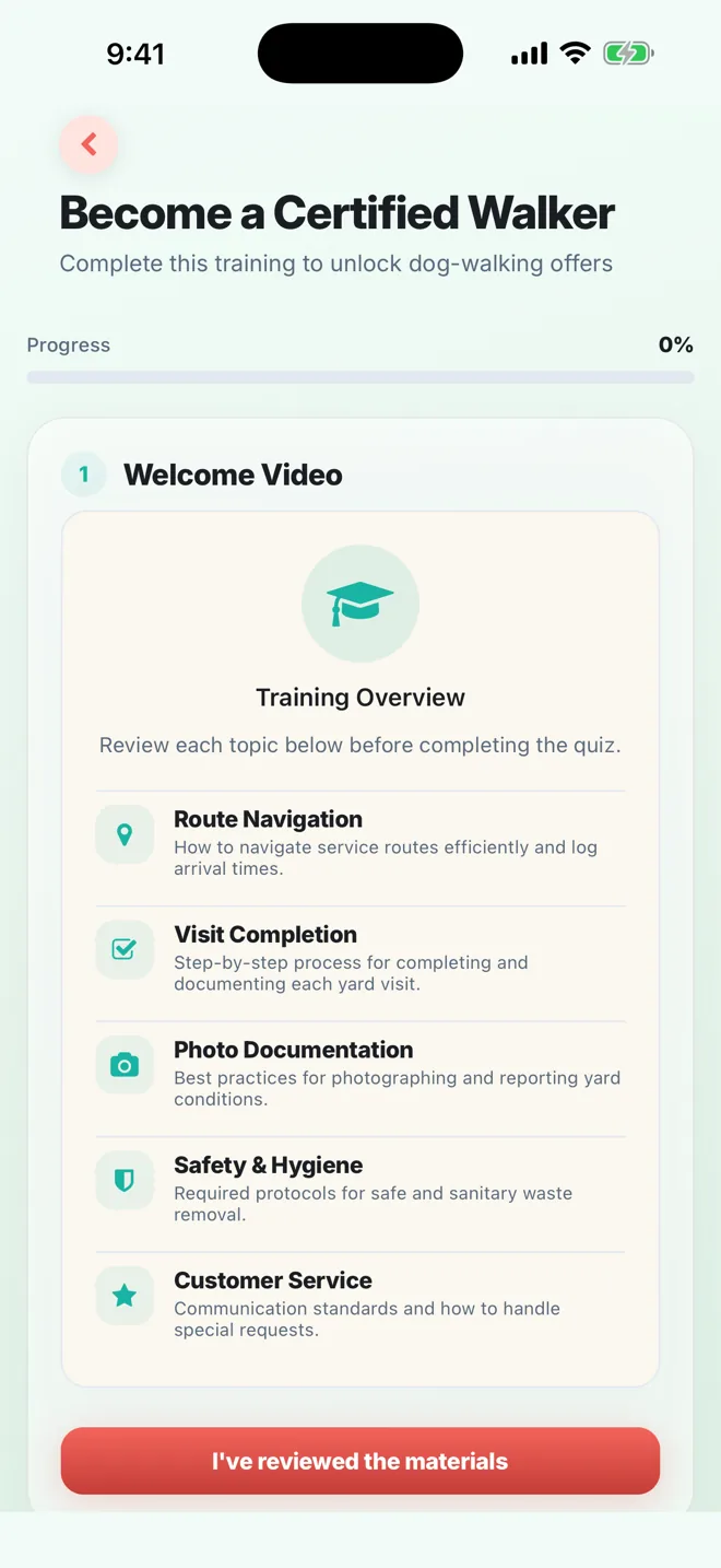 The Become a Certified Walker screen in the scooper app: a progress bar and the training topics (route navigation, visit completion, photo documentation, safety and hygiene, customer service) to review before the quiz.