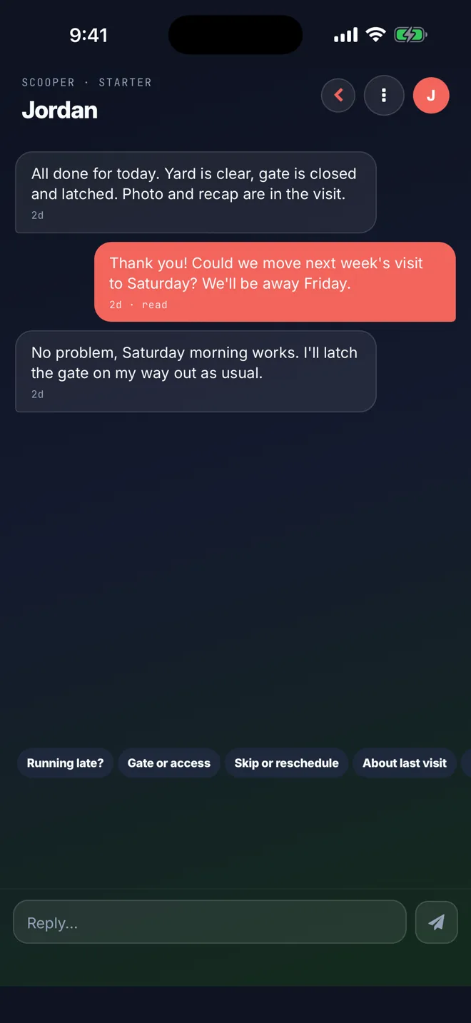 The InsightScoop app's message thread with a scooper: an end-of-visit note, a request to move next week's visit, and quick replies for gate, skip and reschedule questions