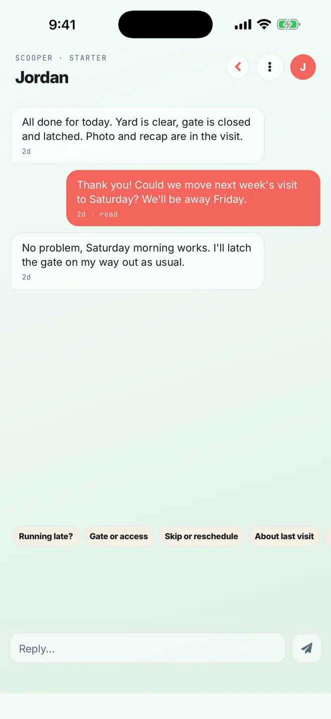 The InsightScoop app's message thread with a scooper: an end-of-visit note, a request to move next week's visit, and quick replies for gate, skip and reschedule questions