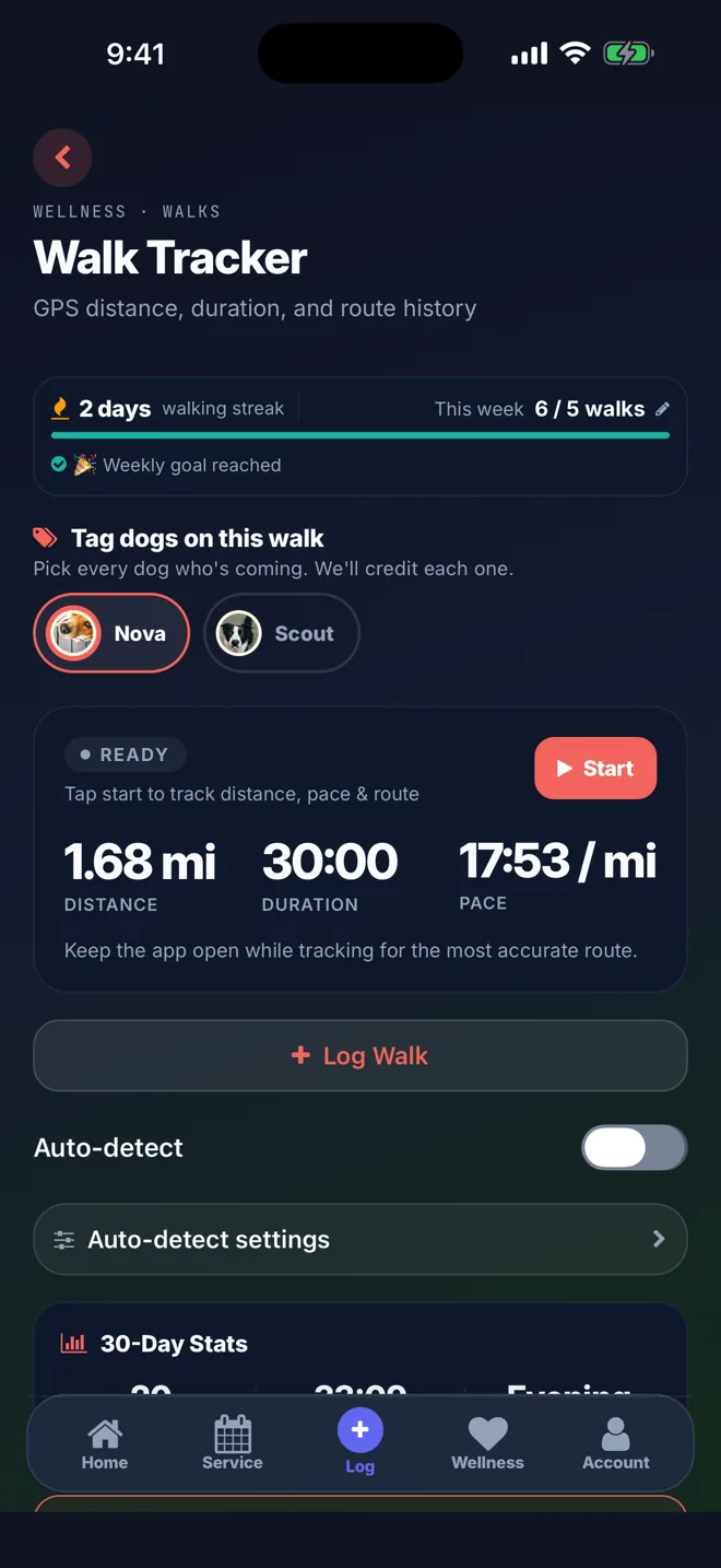 The app's walk tracker: distance, duration and pace for a walk, a weekly walking goal, and the dogs tagged on the walk.