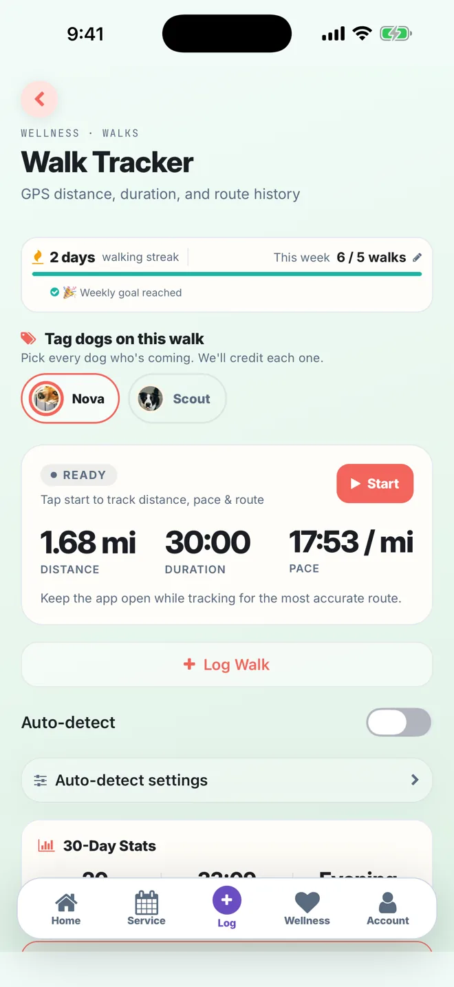 The app's walk tracker: distance, duration and pace for a walk, a weekly walking goal, and the dogs tagged on the walk.