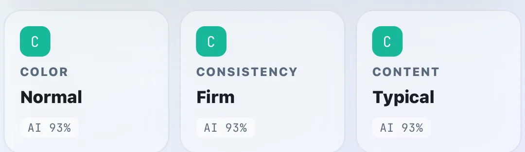 The app's sample result: colour, consistency and content read separately, with the AI's confidence shown next to every one.